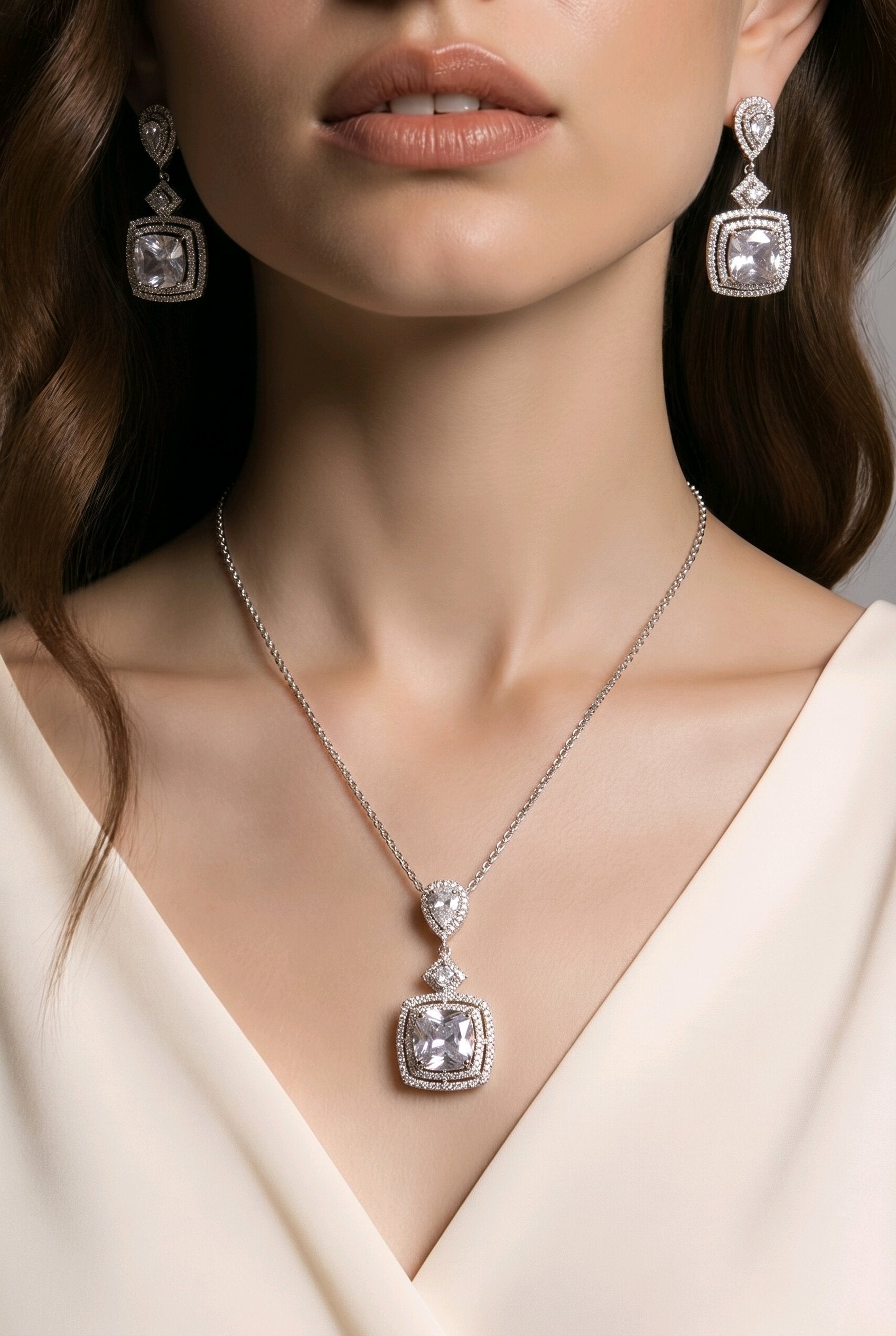 Silver-Tone Cushion Halo CZ Jewelry Set
