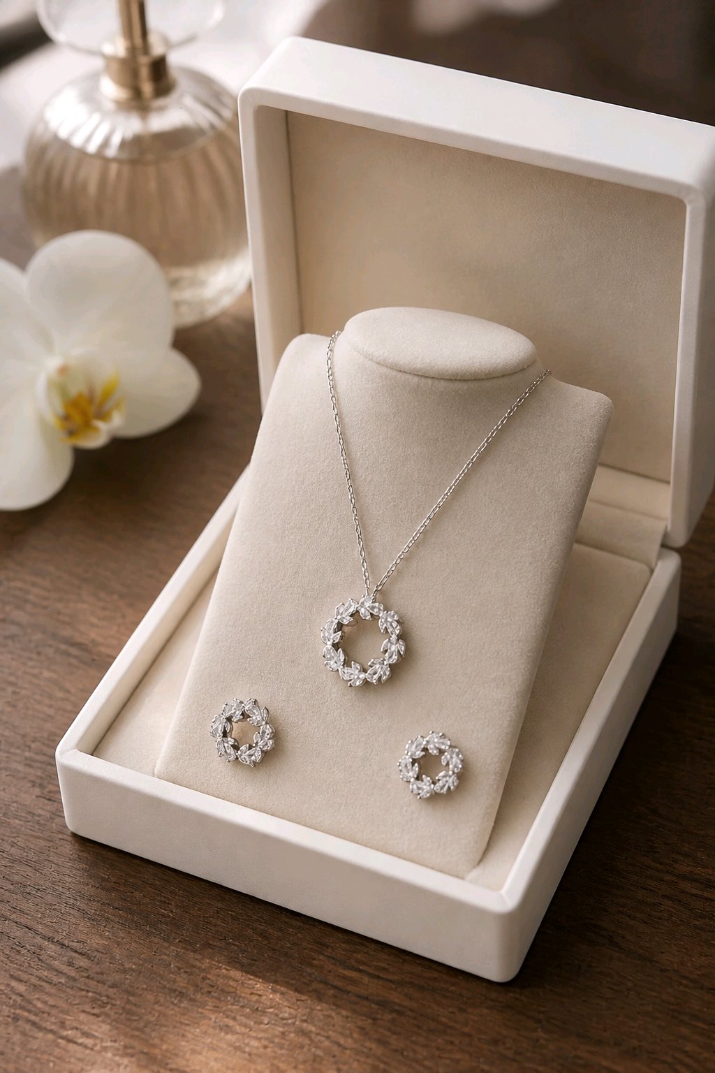 Laurel Wreath CZ necklace and earring set displayed in a white jewelry box