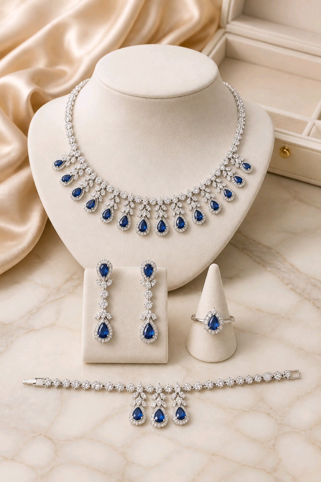 Blue Teardrop CZ jewelry set displayed on marble surface with cream jewelry stands