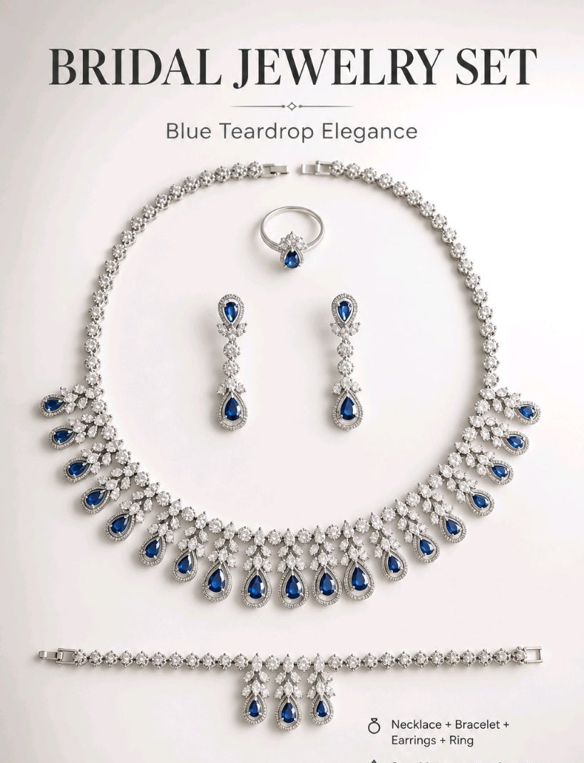 Blue Teardrop Elegance bridal jewelry set promotional flat lay with product details