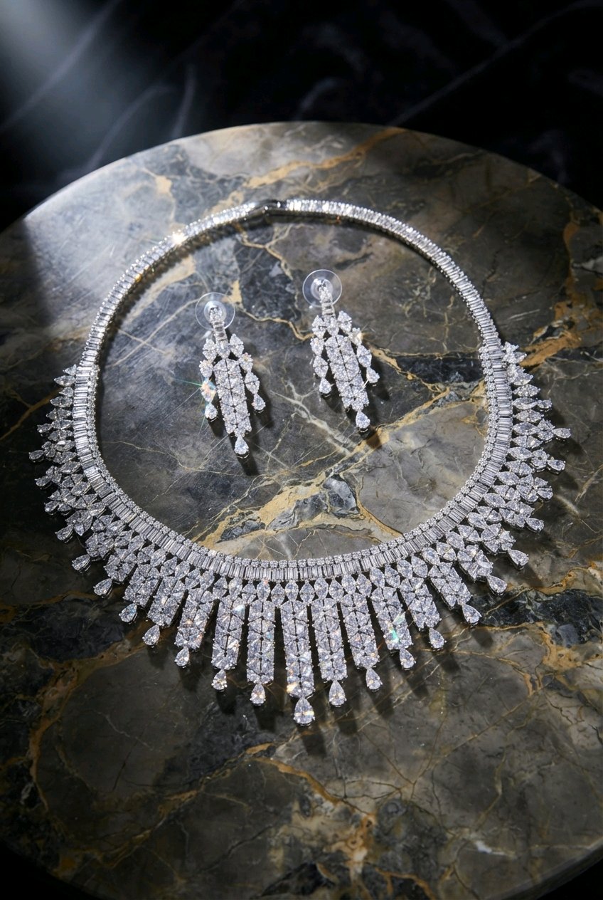 Grand Fringe Bib CZ Necklace & Earring Set