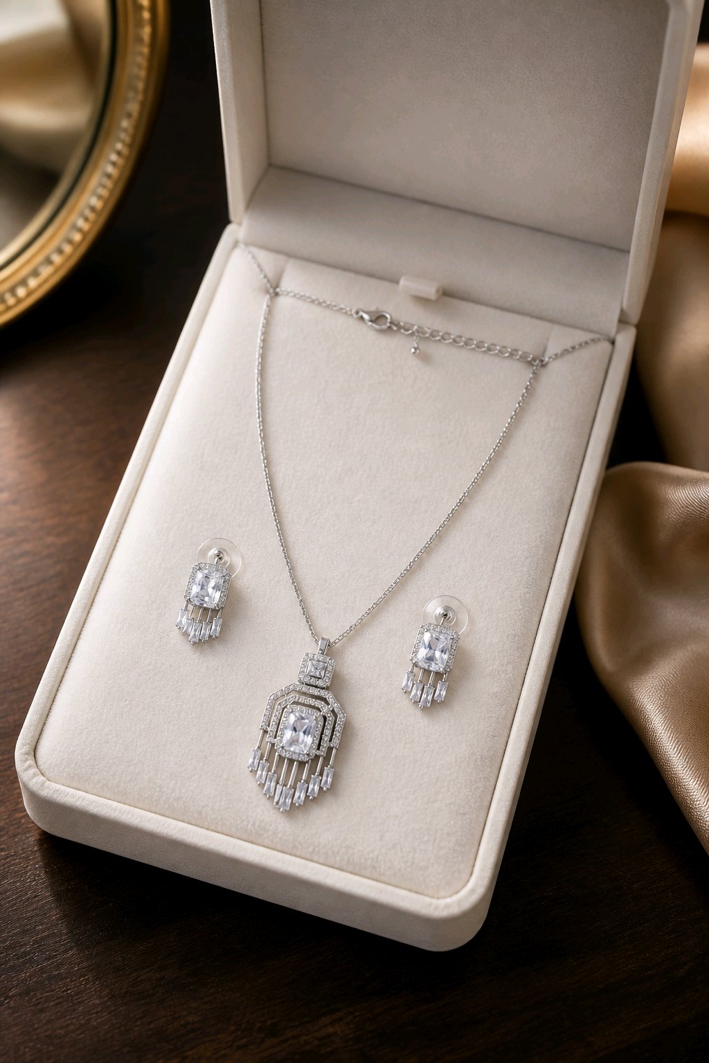 Gatsby Fringe CZ necklace and earring set presented in white velvet jewelry box with gold accents