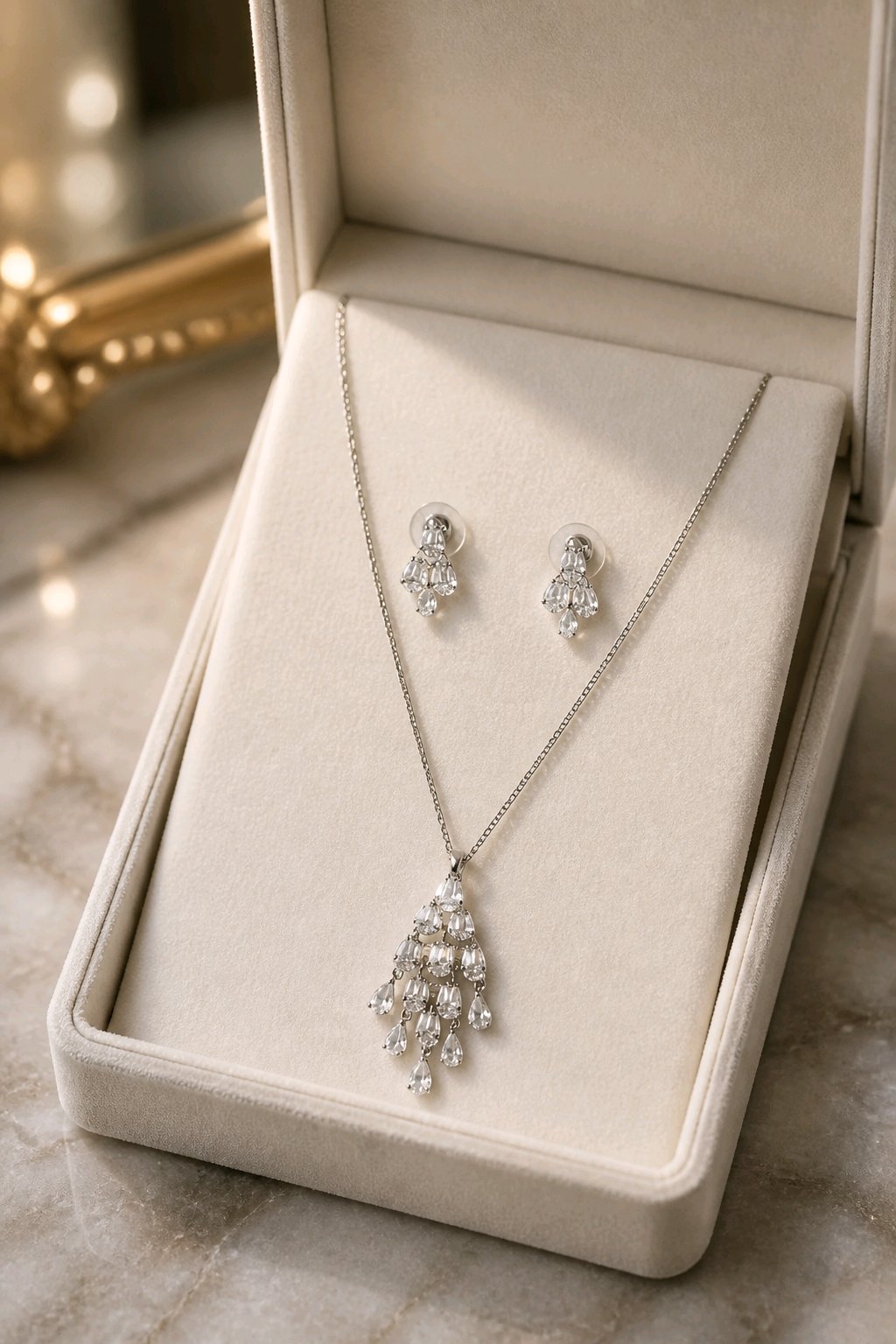 Cascade Teardrop CZ necklace and earring set presented in cream velvet jewelry box on marble surface