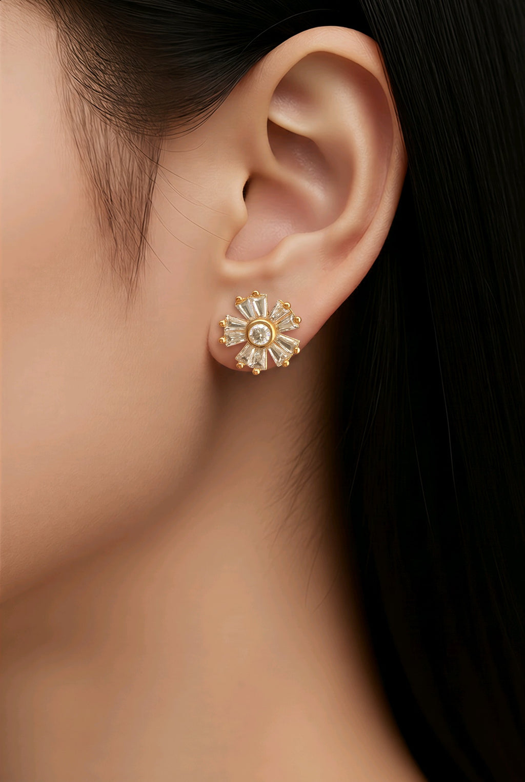 CZ Sunburst Flower Stud Earrings