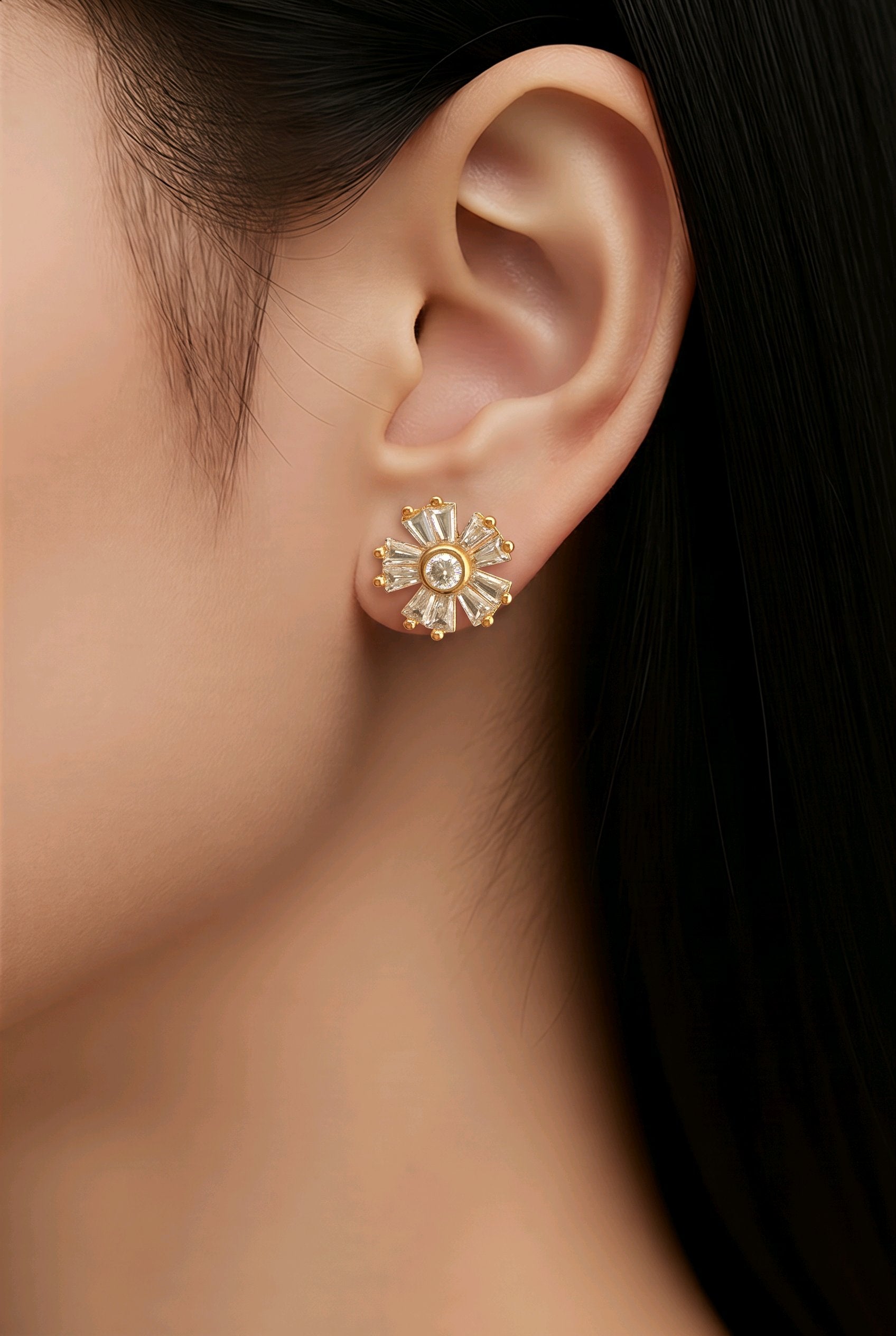 CZ Sunburst Flower Stud Earrings
