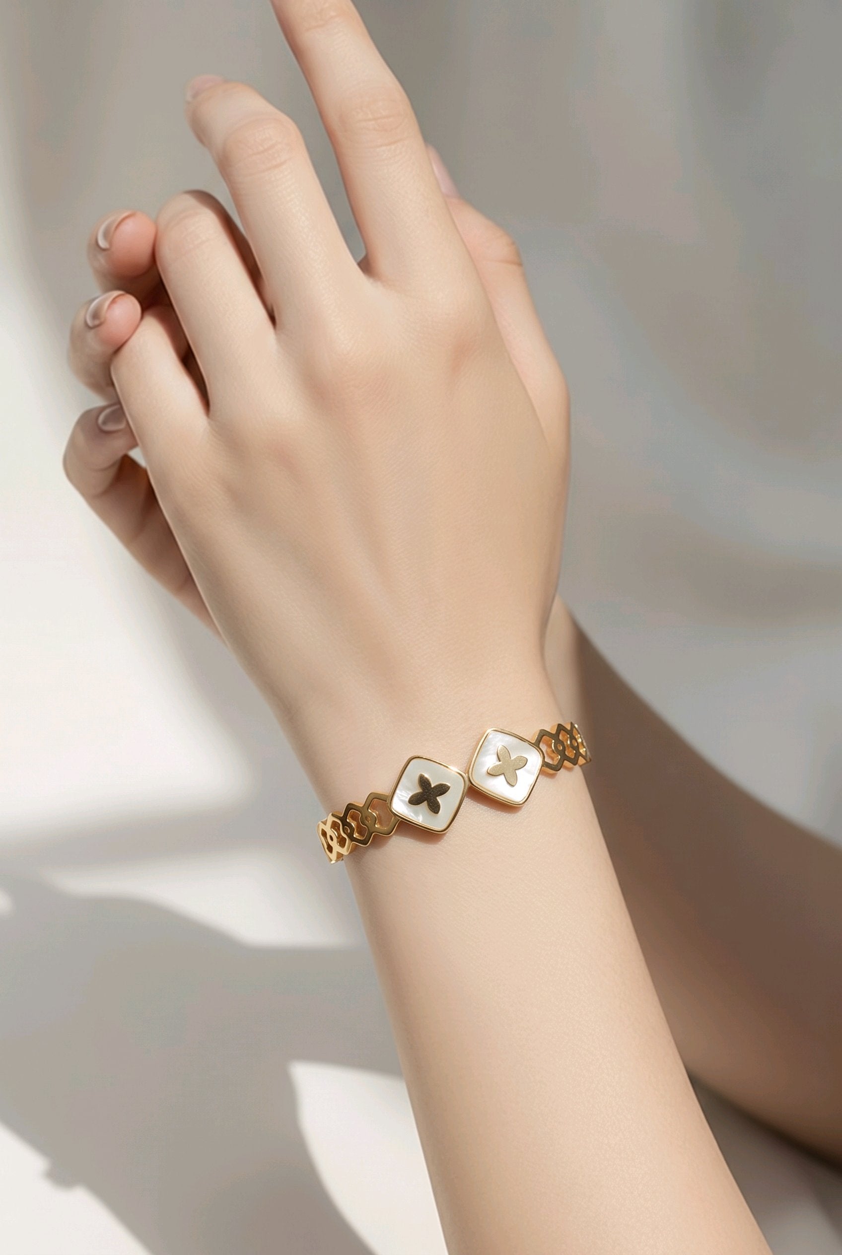 Gold-Tone Double Clover Tile Bangle Bracelet