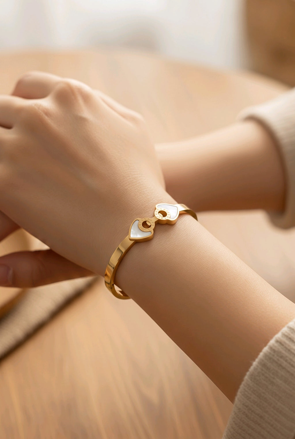 Gold-Tone Double Heart Roman Numeral Bangle Bracelet
