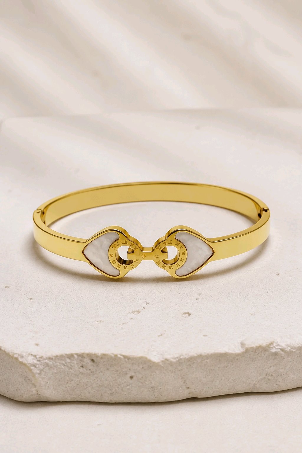 Gold-Tone Double Heart Roman Numeral Bangle Bracelet