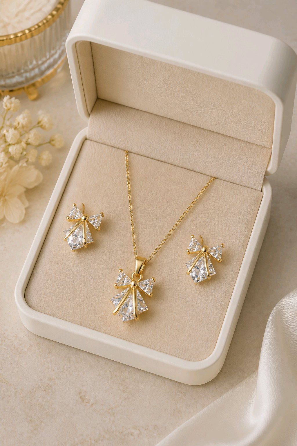 Gold-Tone CZ Bow Pendant Necklace & Earring Set