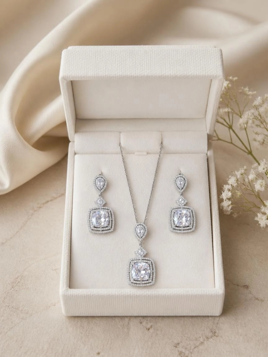 Silver-Tone Cushion Halo CZ Jewelry Set
