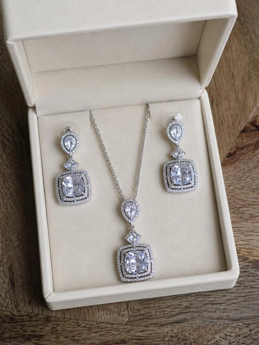 Silver-Tone Cushion Halo CZ Jewelry Set