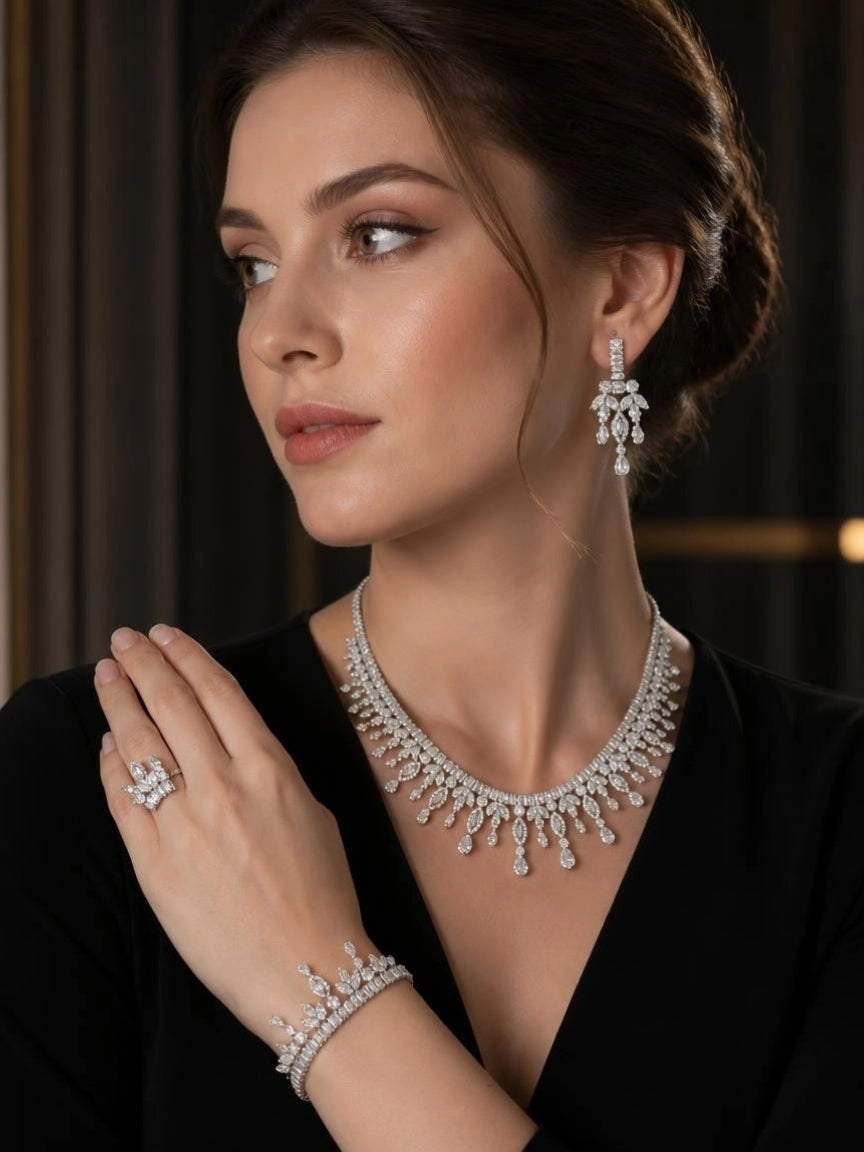 Silver-Tone Marquise CZ Fringe 4-Piece Jewelry Set