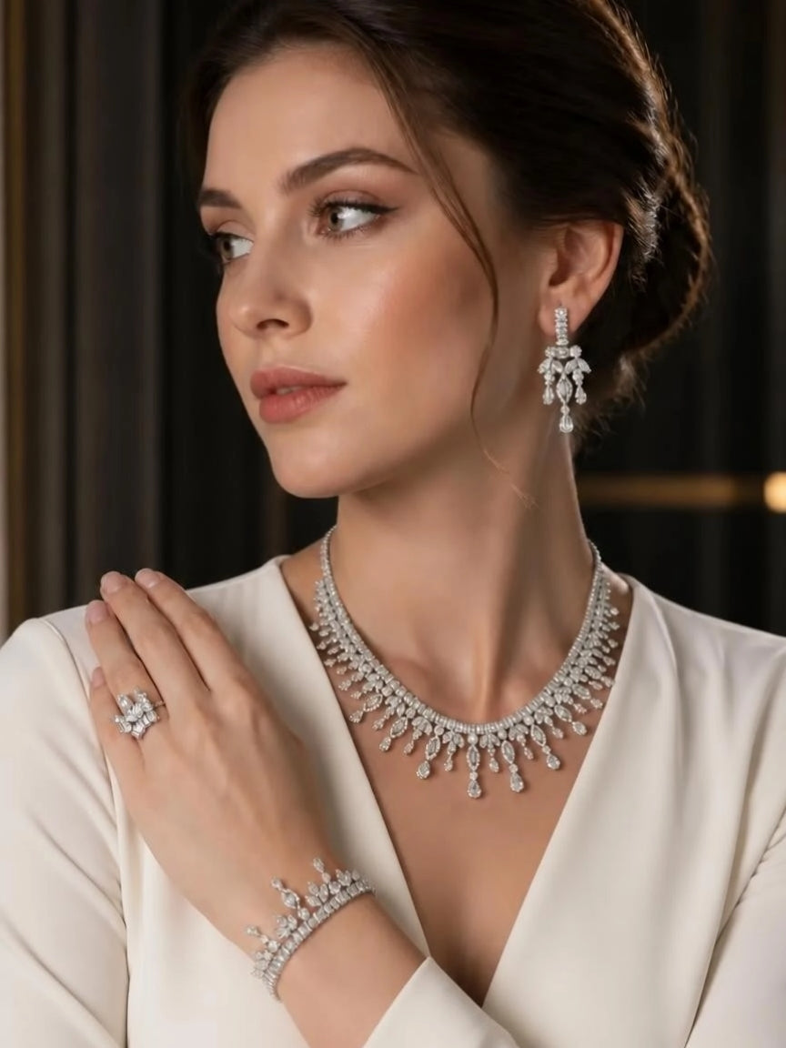 Silver-Tone Marquise CZ Fringe 4-Piece Jewelry Set