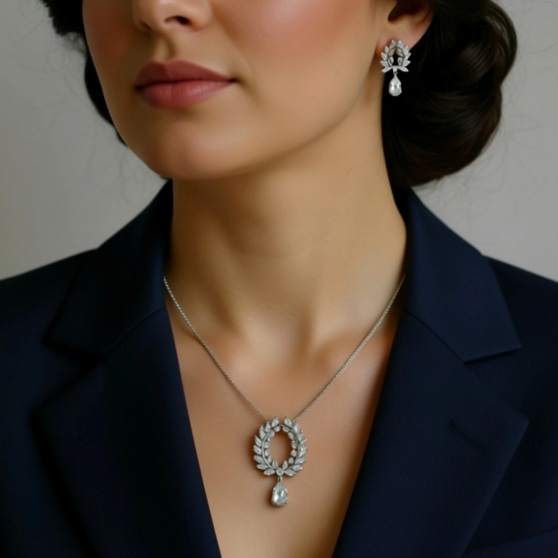 CZ Laurel Wreath Pendant Necklace & Earring Set