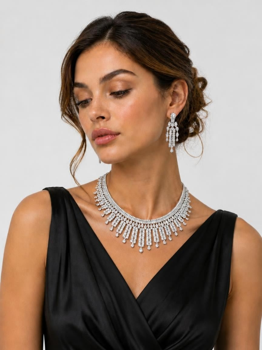 Grand Fringe Bib CZ Necklace & Earring Set