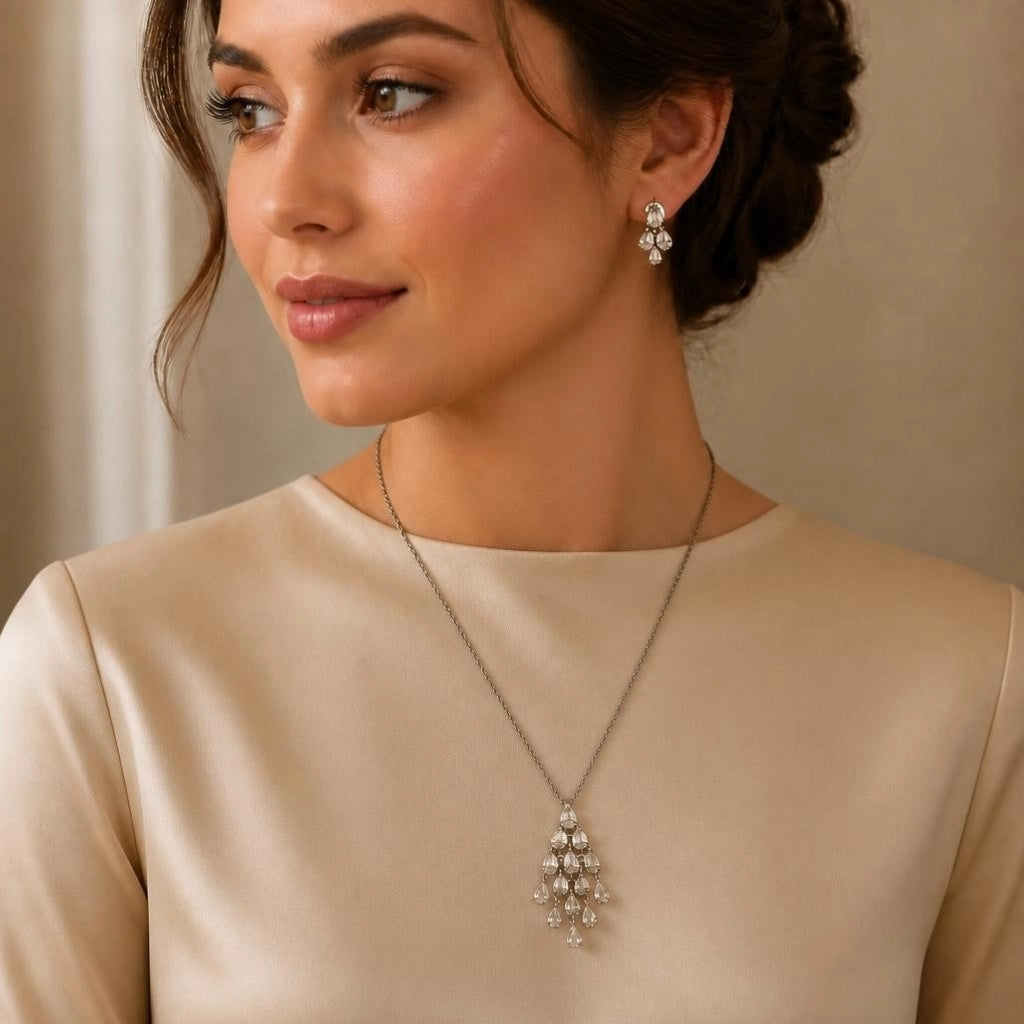 Cascade Teardrop CZ Pendant Necklace & Earring Set