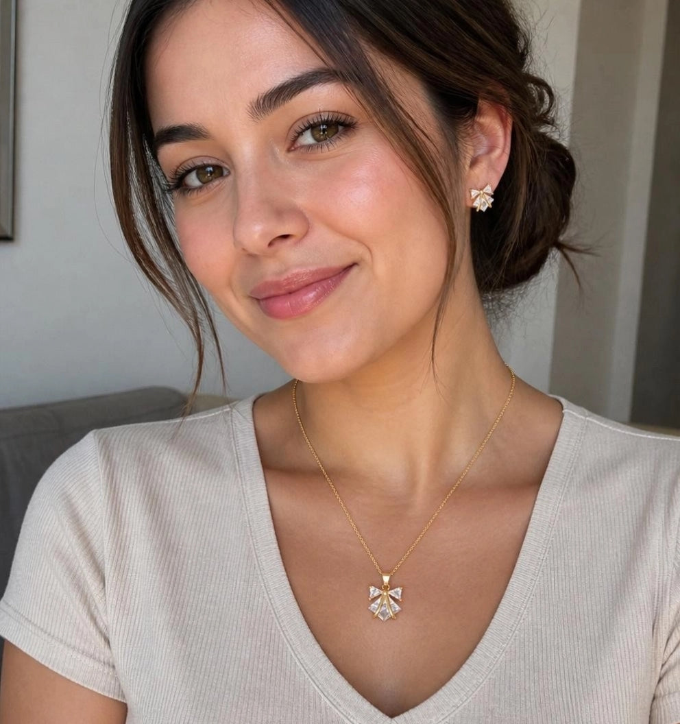 Gold-Tone CZ Bow Pendant Necklace & Earring Set