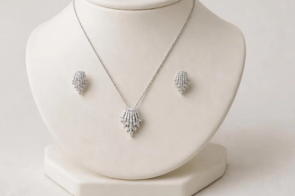 Art Deco Fan CZ Pendant Necklace & Earring Set