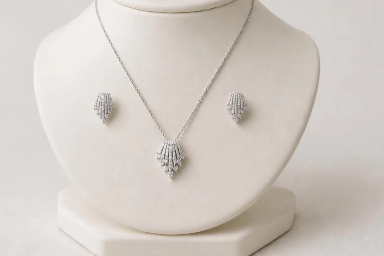 Art Deco Fan CZ Pendant Necklace & Earring Set