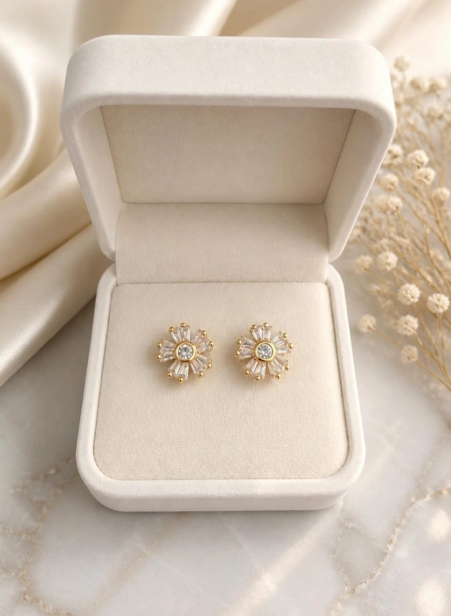 CZ Sunburst Flower Stud Earrings