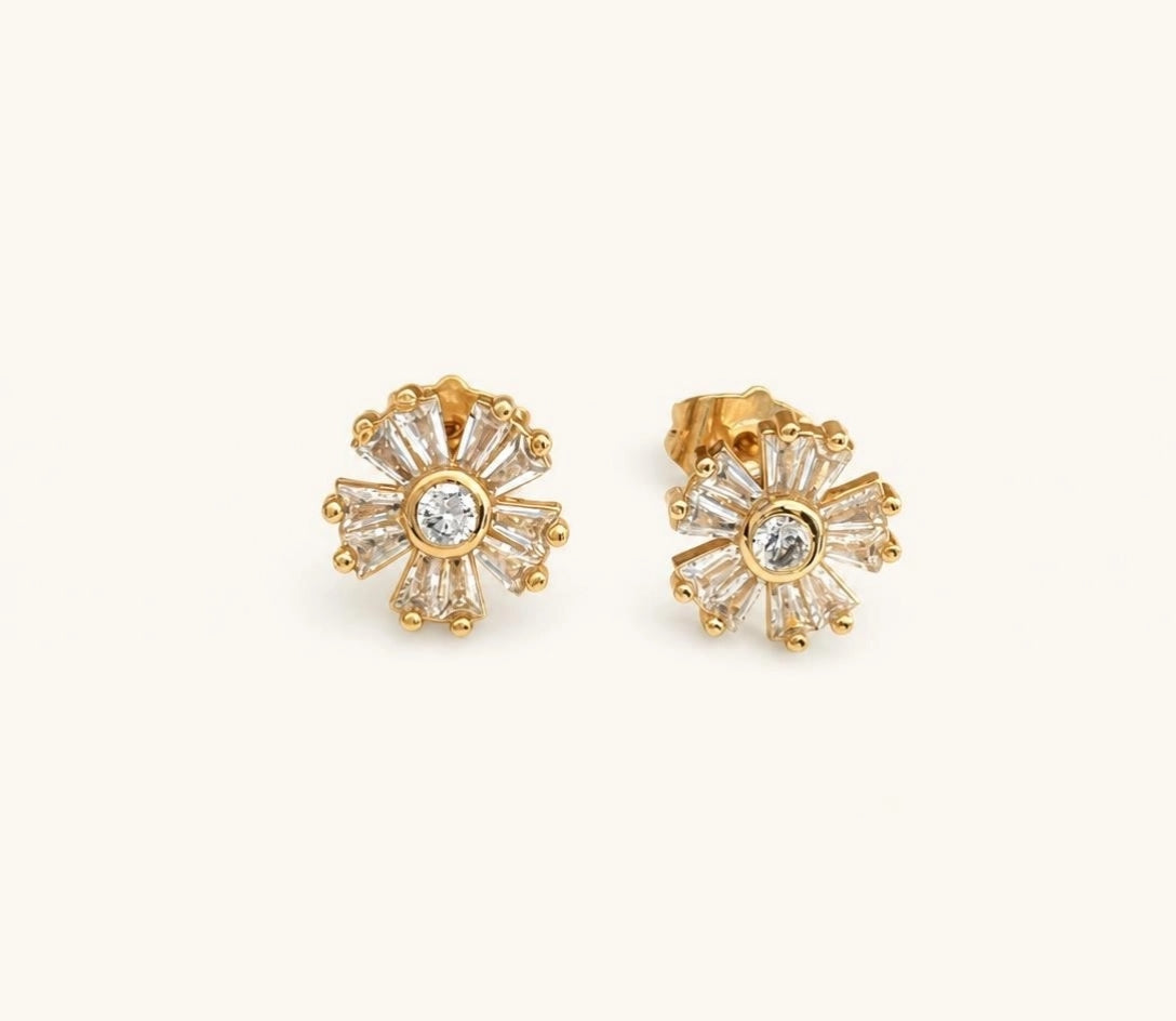 CZ Sunburst Flower Stud Earrings