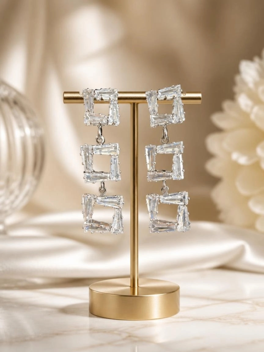 Silver-Tone Baguette CZ Triple Stack Drop Earrings