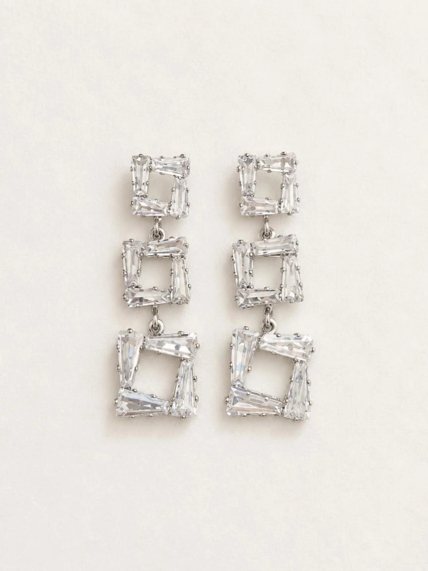 Silver-Tone Baguette CZ Triple Stack Drop Earrings