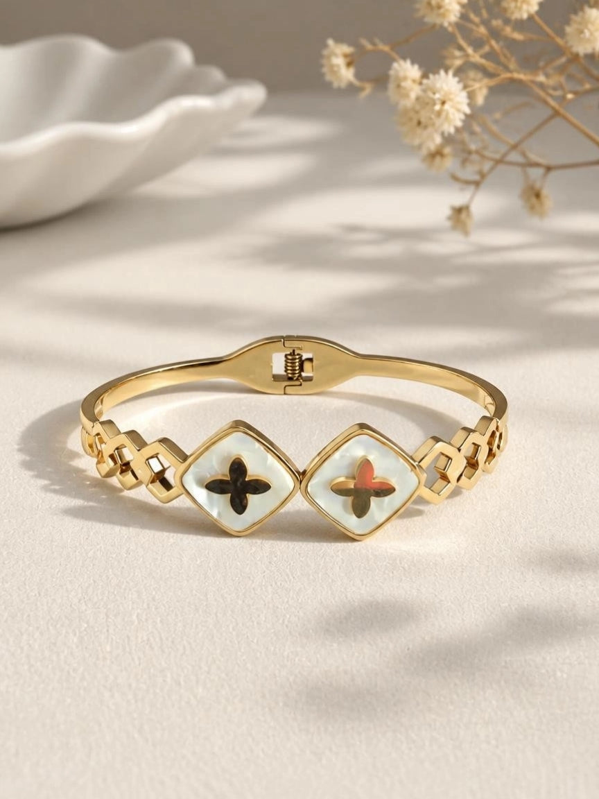 Gold-Tone Double Clover Tile Bangle Bracelet