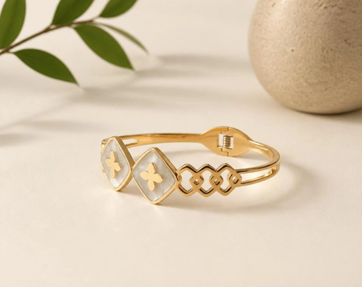 Gold-Tone Double Clover Tile Bangle Bracelet
