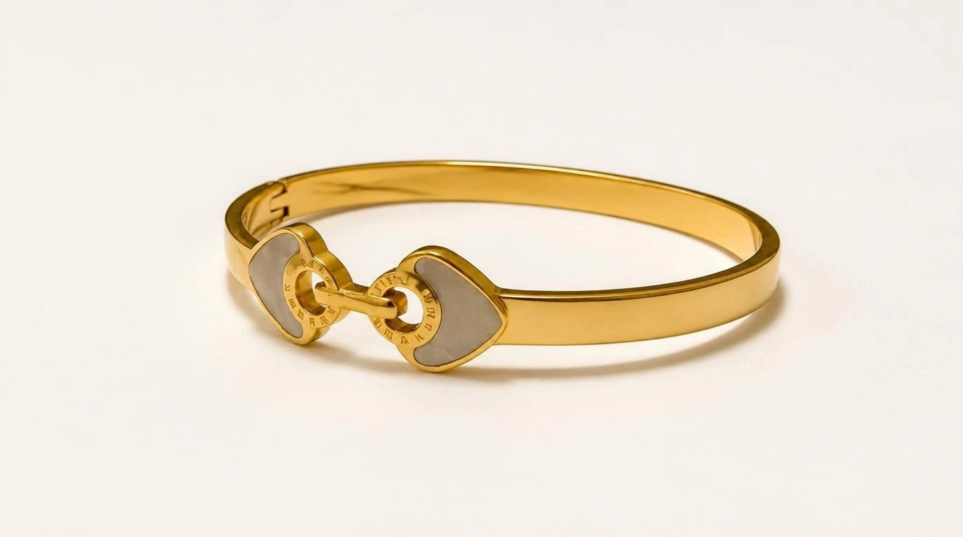 Gold-Tone Double Heart Roman Numeral Bangle Bracelet