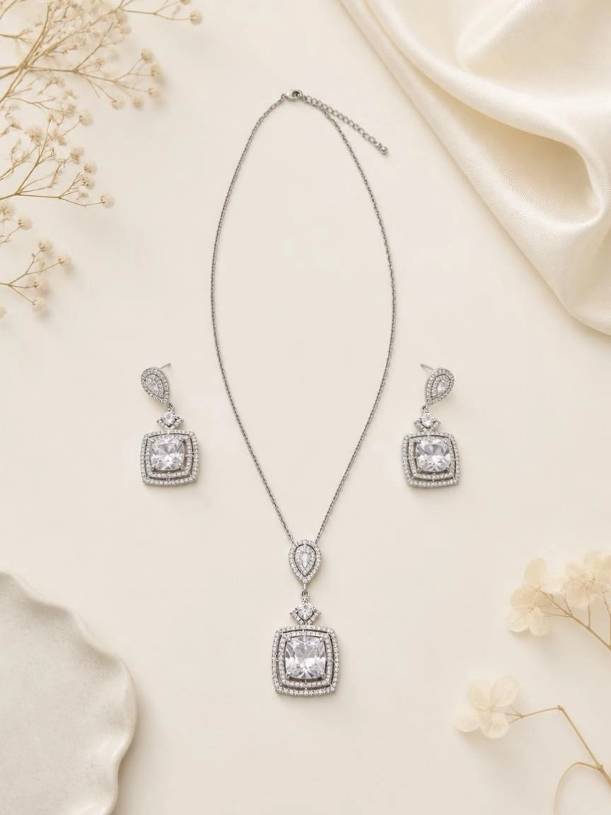 Silver-Tone Cushion Halo CZ Jewelry Set