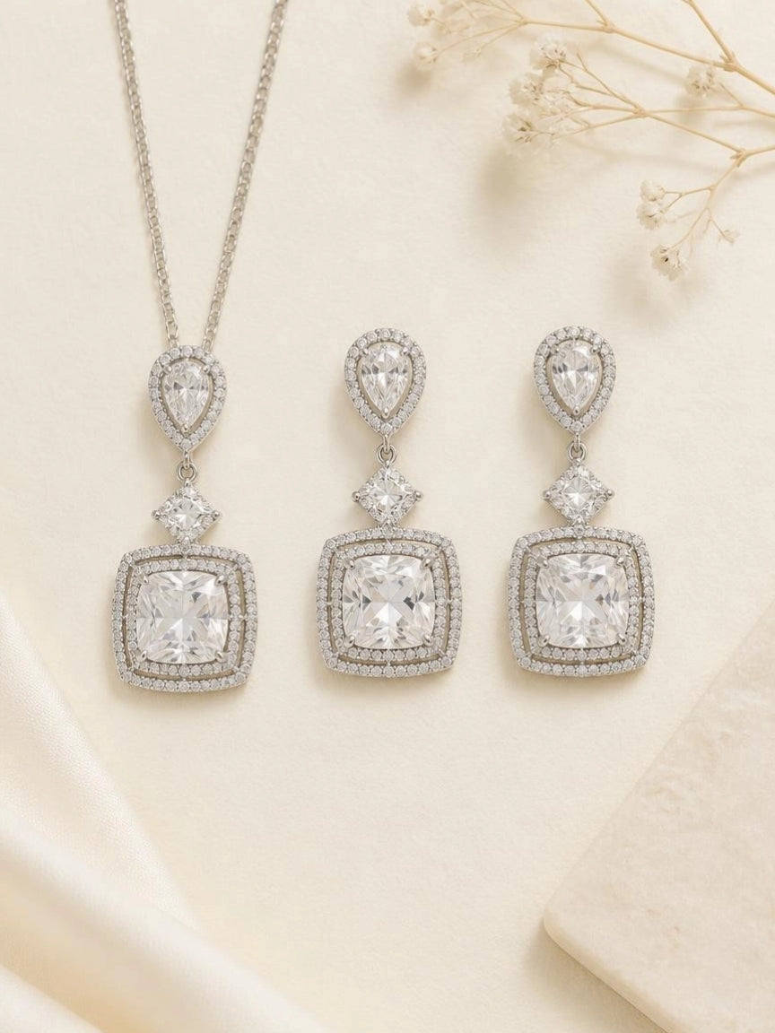 Silver-Tone Cushion Halo CZ Jewelry Set