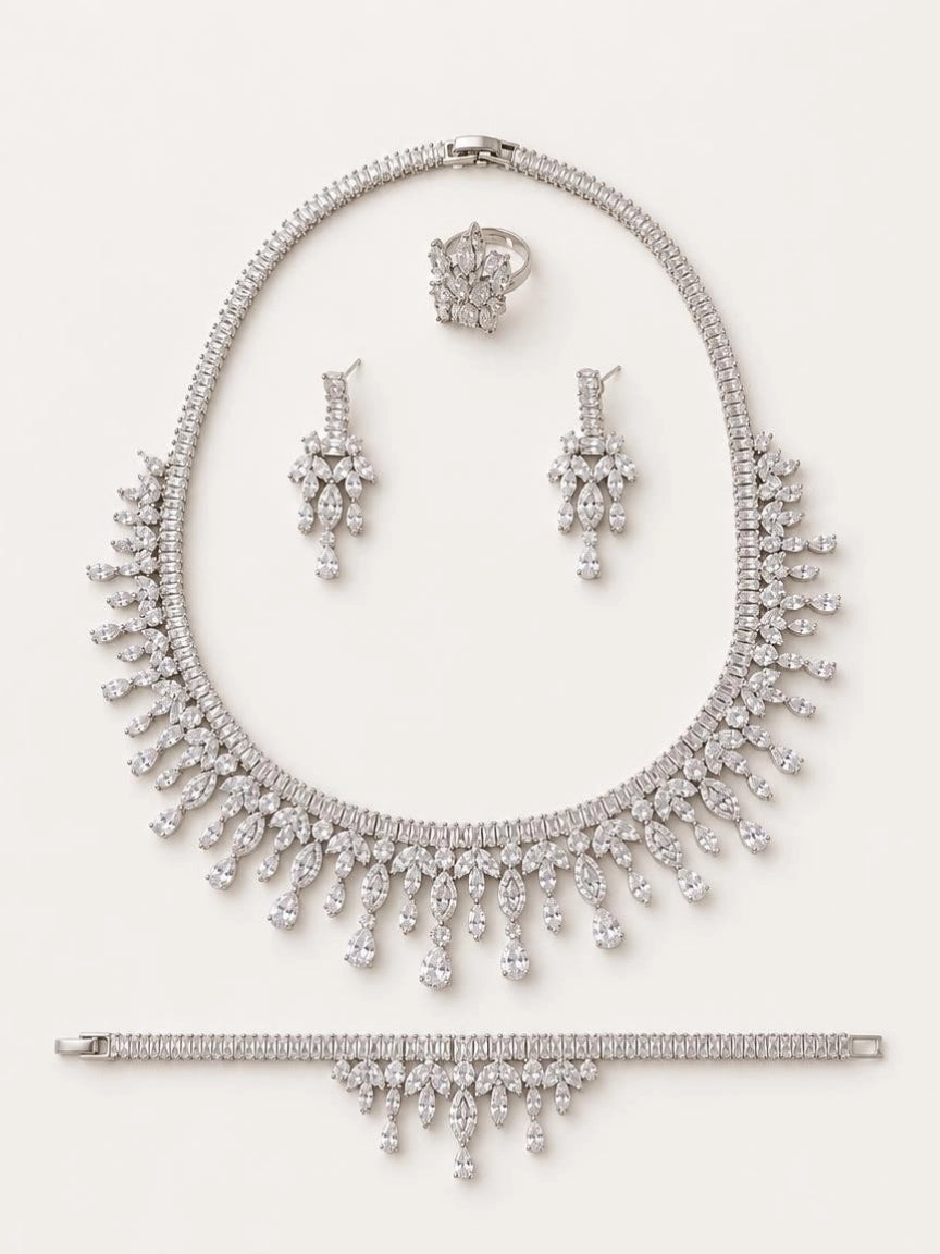 Silver-Tone Marquise CZ Fringe 4-Piece Jewelry Set