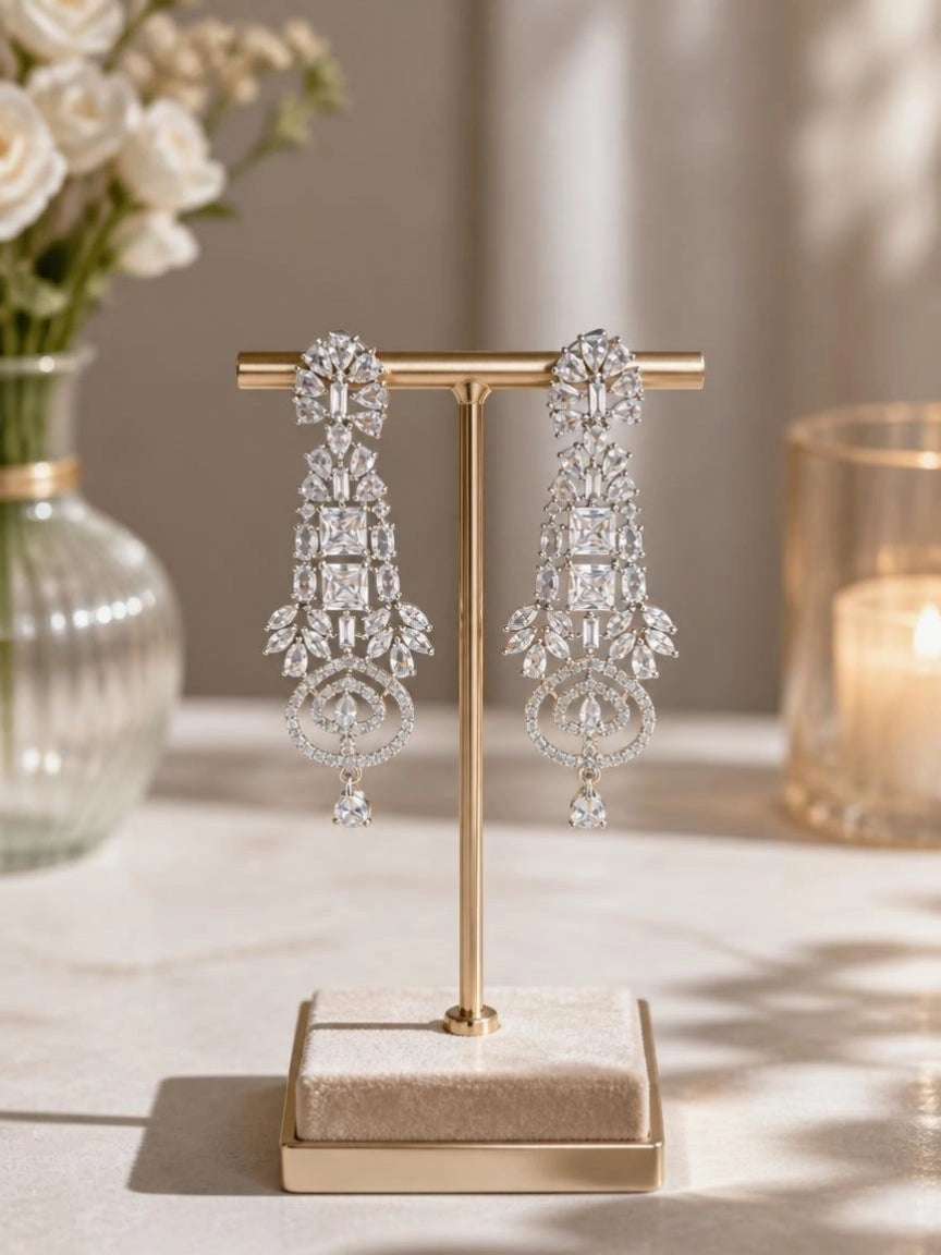 Silver-Tone CZ Cascade Chandelier Earrings