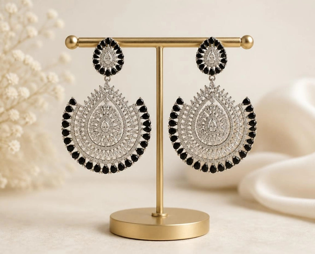 Silver-Tone Black & White CZ Chandbali Drop Earrings