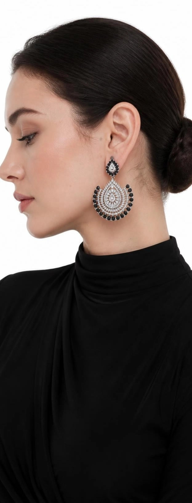 Silver-Tone Black & White CZ Chandbali Drop Earrings
