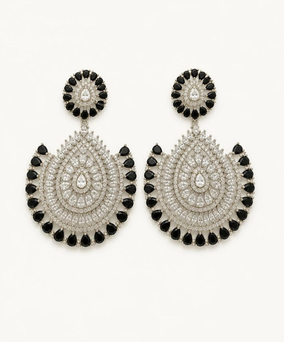 Silver-Tone Black & White CZ Chandbali Drop Earrings