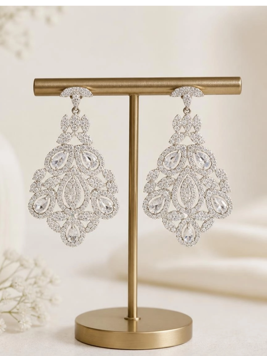 Silver-Tone CZ Lace Chandelier Drop Earrings