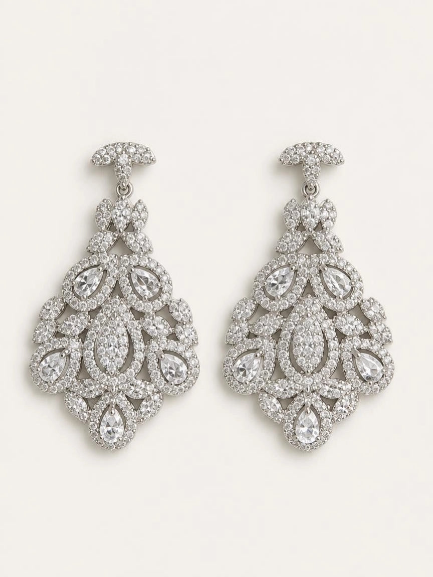 Silver-Tone CZ Lace Chandelier Drop Earrings