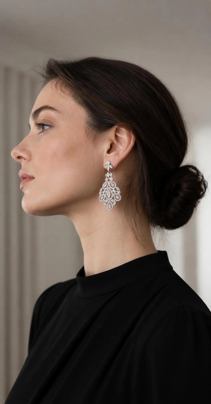 Silver-Tone CZ Lace Chandelier Drop Earrings
