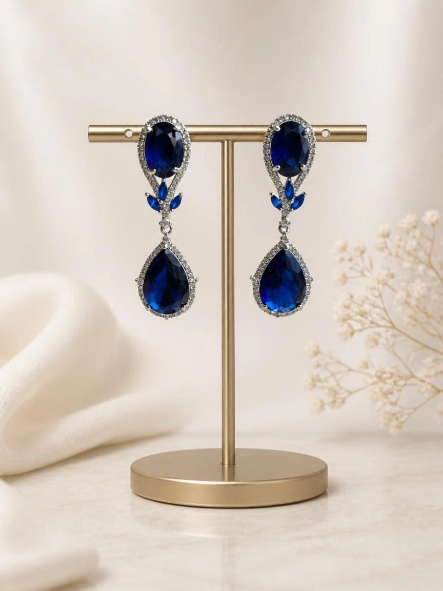 Silver-Tone Sapphire Blue CZ Oval & Teardrop Drop Earrings