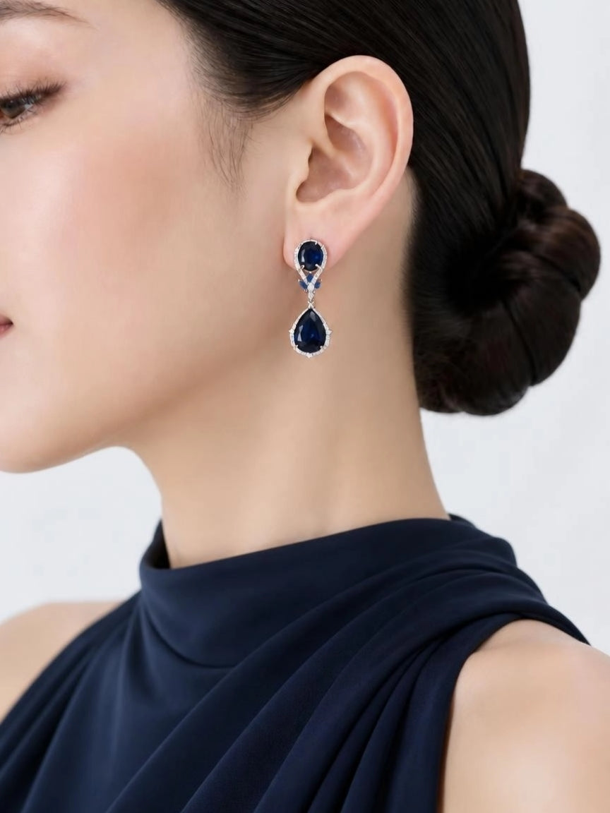 Silver-Tone Sapphire Blue CZ Oval & Teardrop Drop Earrings