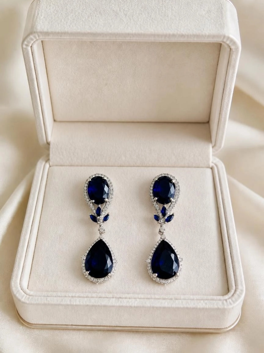 Silver-Tone Sapphire Blue CZ Oval & Teardrop Drop Earrings