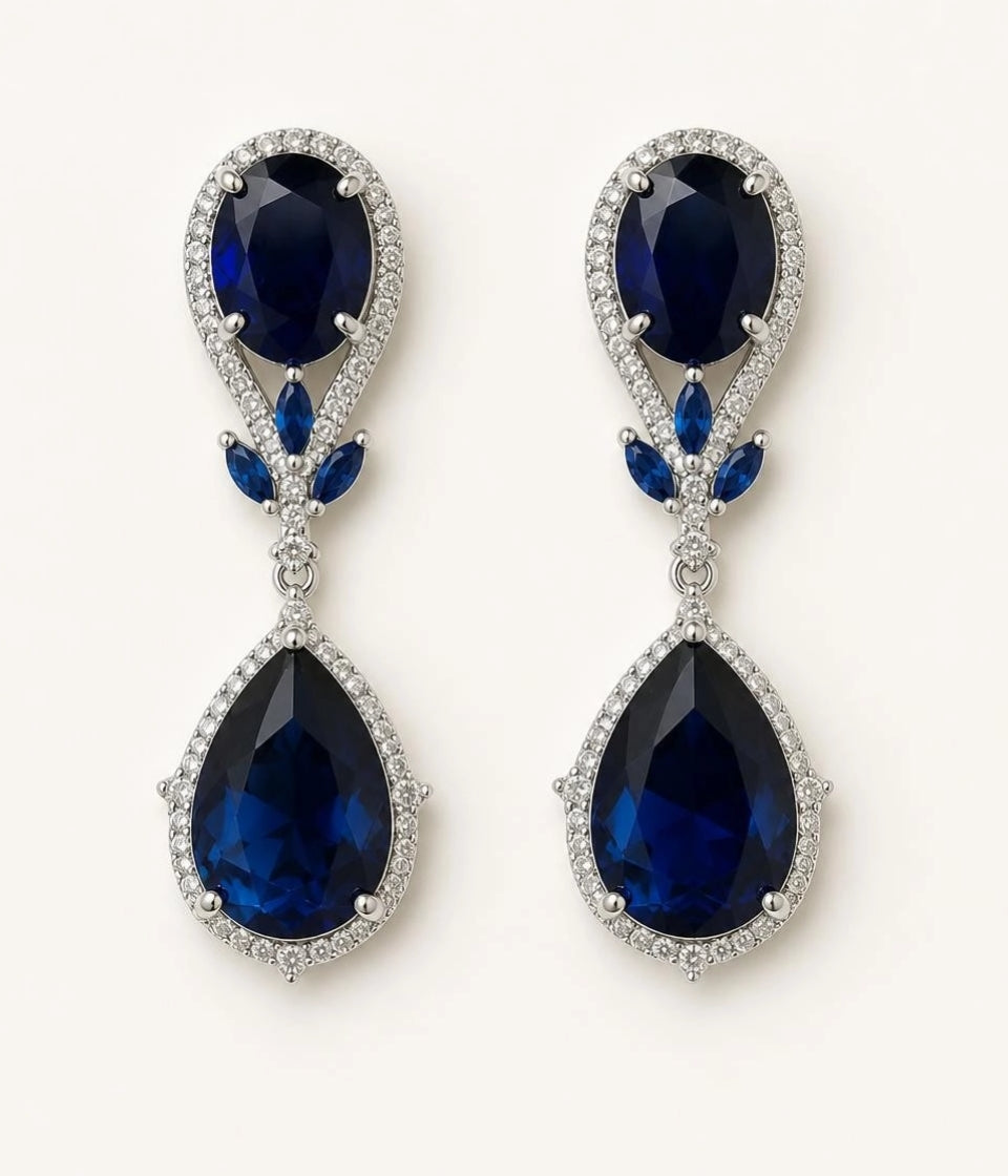 Silver-Tone Sapphire Blue CZ Oval & Teardrop Drop Earrings