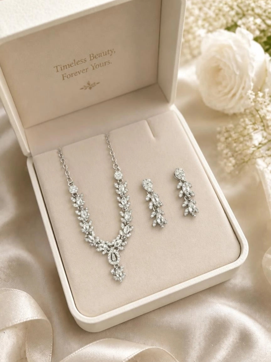 Silver-Tone Marquise CZ Leaf Necklace & Earring Set