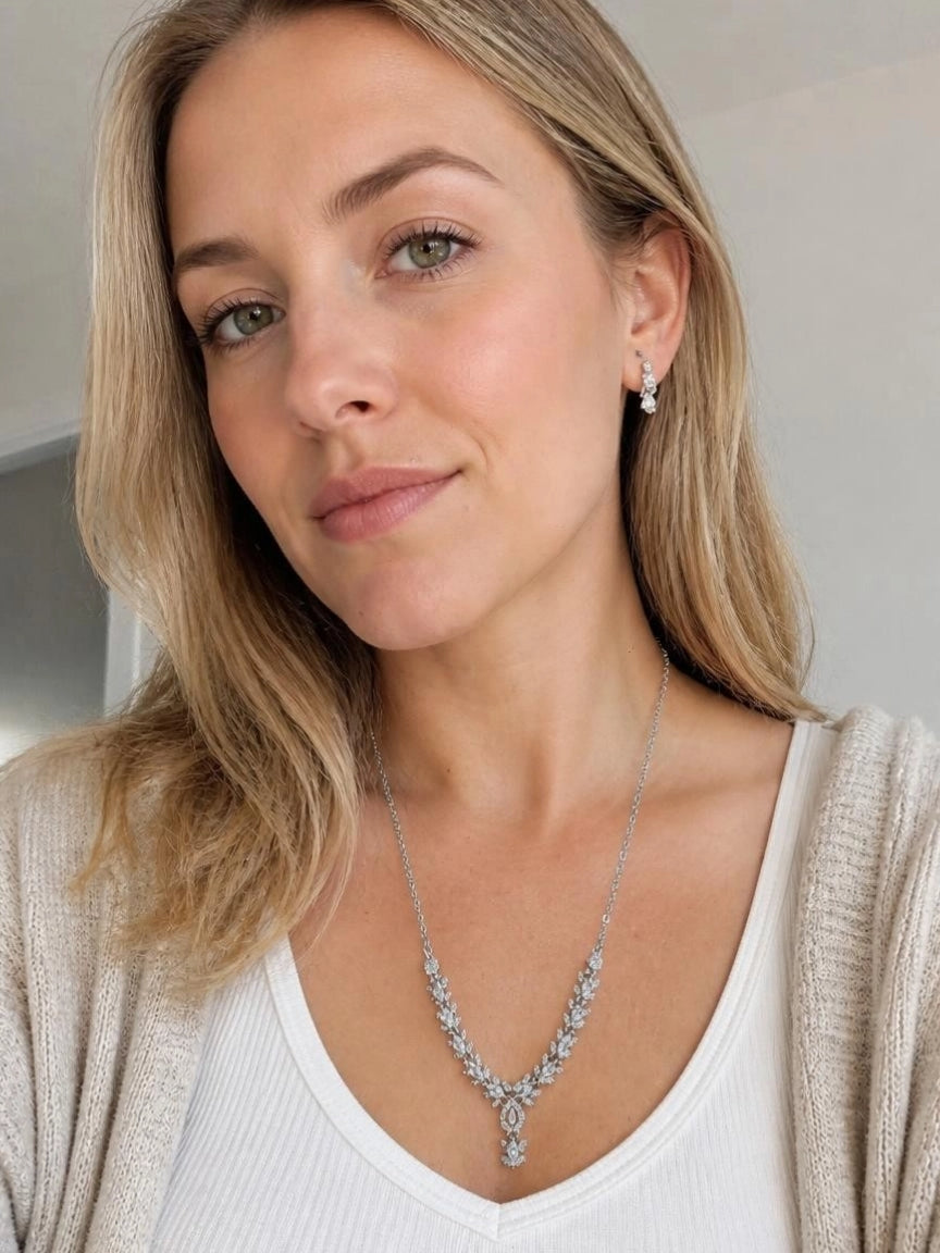 Silver-Tone Marquise CZ Leaf Necklace & Earring Set