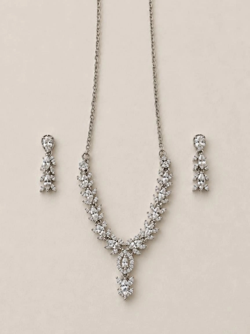 Silver-Tone Marquise CZ Leaf Necklace & Earring Set