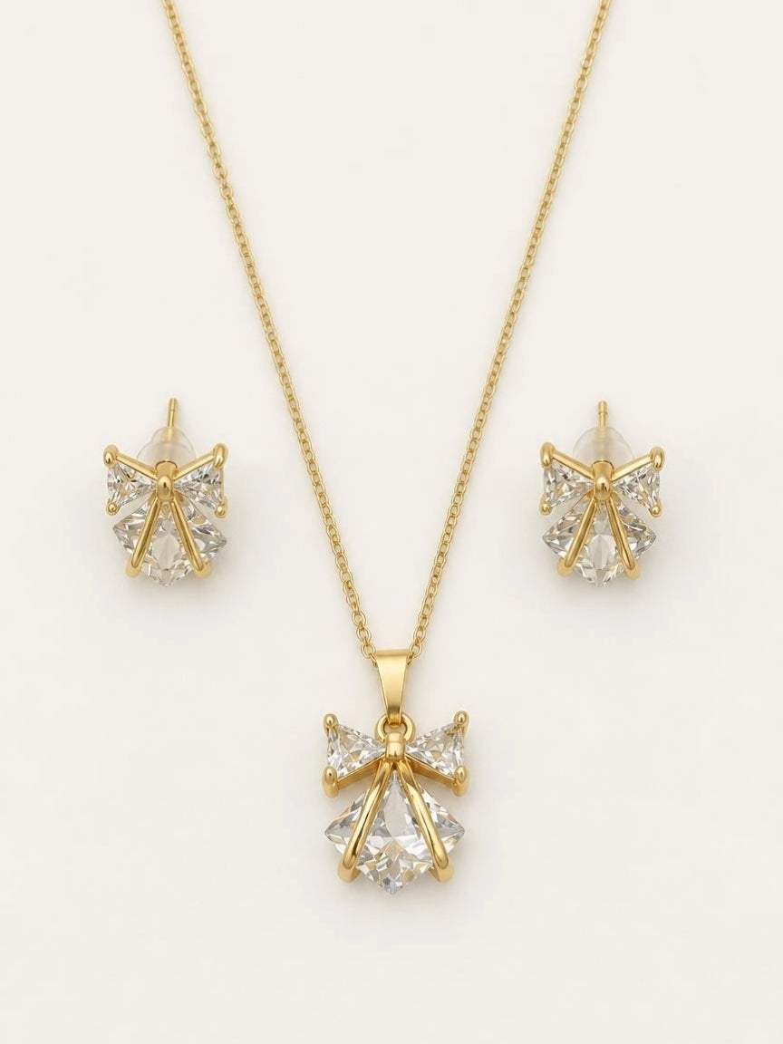Gold-Tone CZ Bow Pendant Necklace & Earring Set