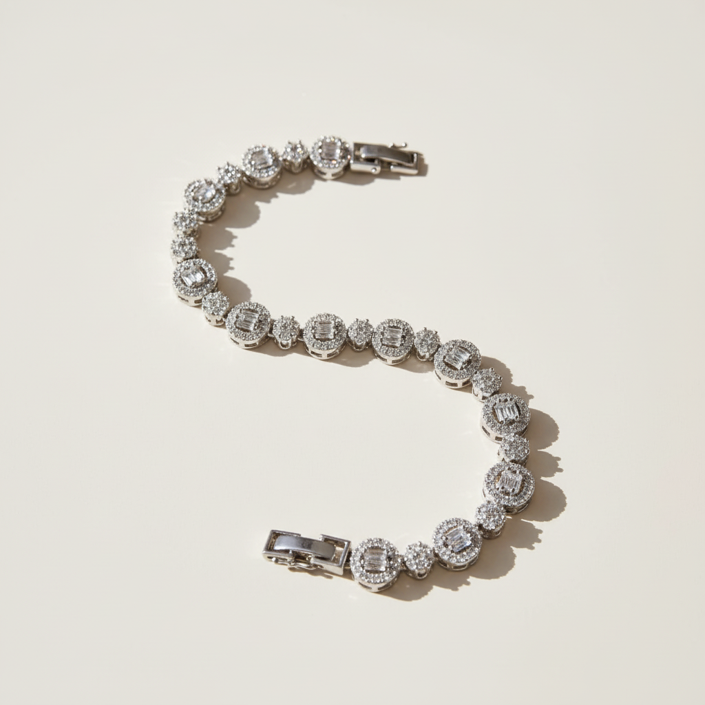 Elegant Halo Cubic Zirconia Bracelet - Cream Background