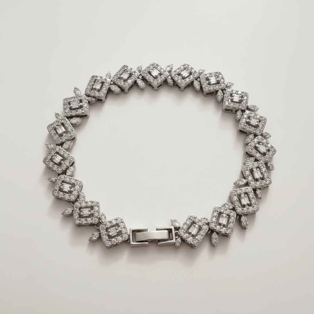 Geometric Diamond-Link Cubic Zirconia Bracelet on white background